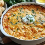 Frank’s Red Hot Buffalo Chicken Dip topped with melted cheese, sour cream, and fresh herbs in a white baking dish