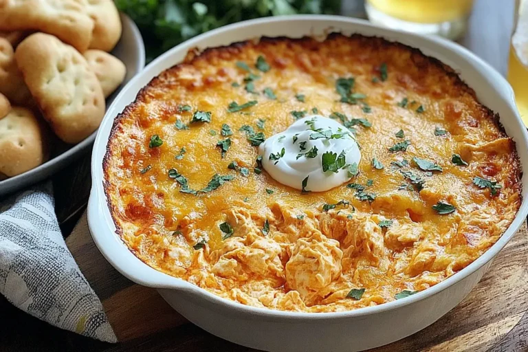 Frank’s Red Hot Buffalo Chicken Dip topped with melted cheese, sour cream, and fresh herbs in a white baking dish