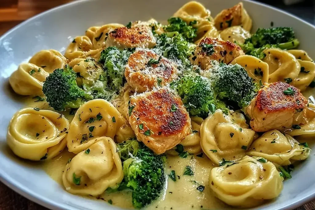 Creamy Garlic Parmesan Chicken Tortellini with broccoli and seared chicken in a rich parmesan sauce.
