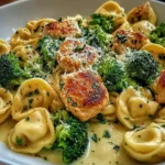 Creamy Garlic Parmesan Chicken Tortellini with broccoli and seared chicken in a rich parmesan sauce.