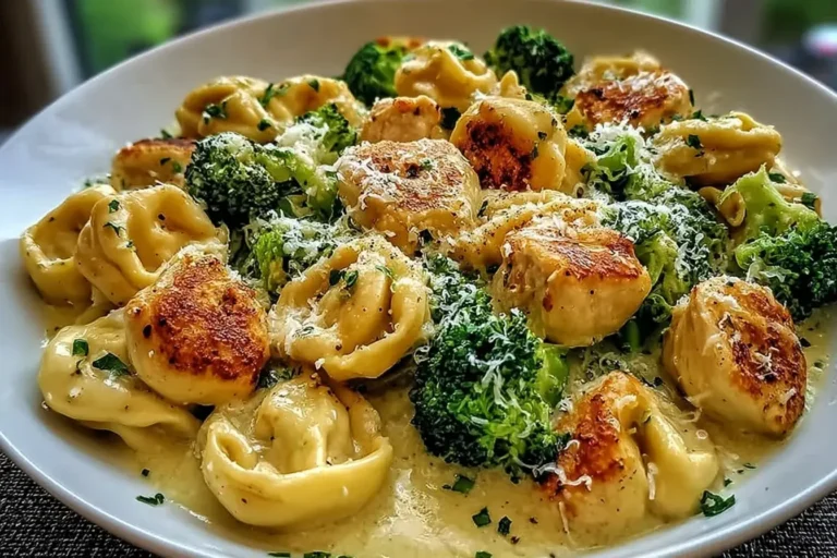Garlic Parmesan Chicken Tortellini with seared chicken, creamy sauce, and fresh broccoli in a white bowl.
