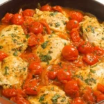 Healthy Chicken Pomodoro Skillet with juicy grape tomatoes, fresh basil, and seared chicken breasts in a cast iron skillet.