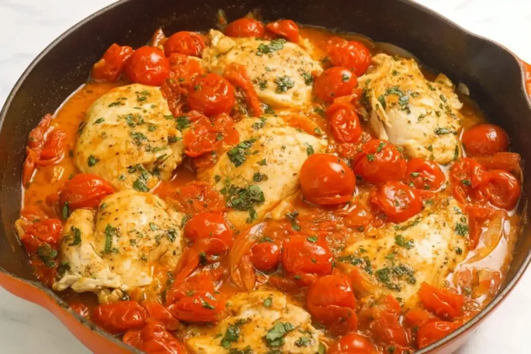 Healthy Chicken Pomodoro Skillet with juicy grape tomatoes, fresh basil, and seared chicken breasts in a cast iron skillet.