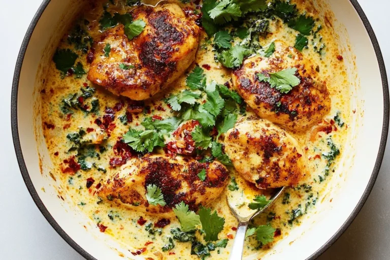 Golden seared Chicken with Coconut Kale in a creamy curry sauce, topped with fresh cilantro in a skillet.