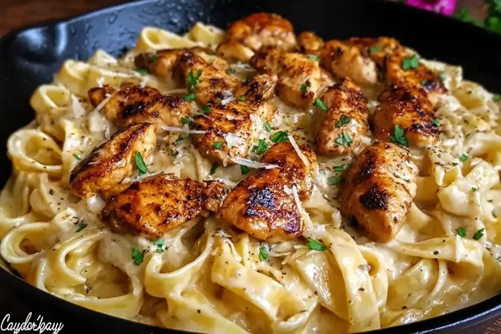 Cajun Chicken Fettuccine Alfredo with seared Cajun-spiced chicken and creamy Parmesan sauce over fettuccine noodles.