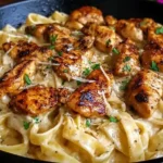 Cajun Chicken Fettuccine Alfredo with seared Cajun-spiced chicken and creamy Parmesan sauce over fettuccine noodles.