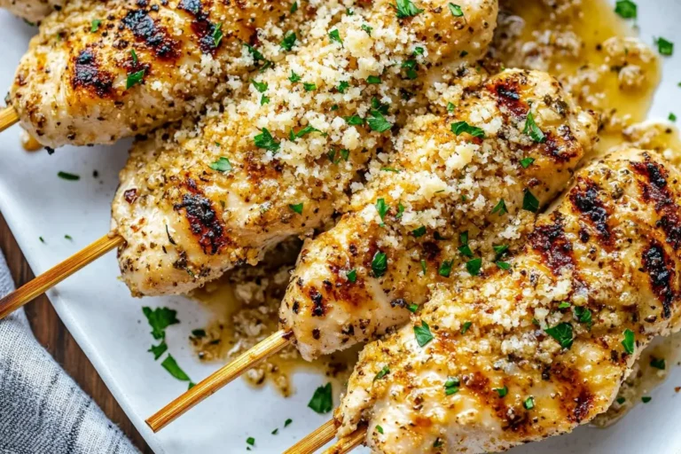 Close-up of Garlic Parmesan Grilled Chicken skewers topped with fresh parsley and melted Parmesan.