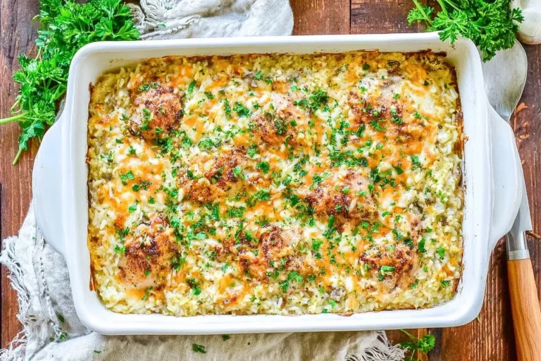 Creamy and cheesy One-Pan Chicken and Rice Bake topped with herbs in a white casserole dish.