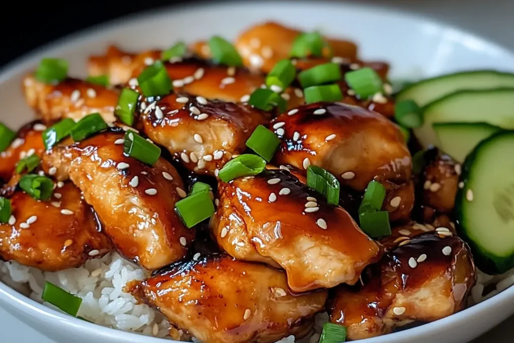 Sticky Honey Gochujang Chicken served over rice, garnished with sesame seeds and green onions.