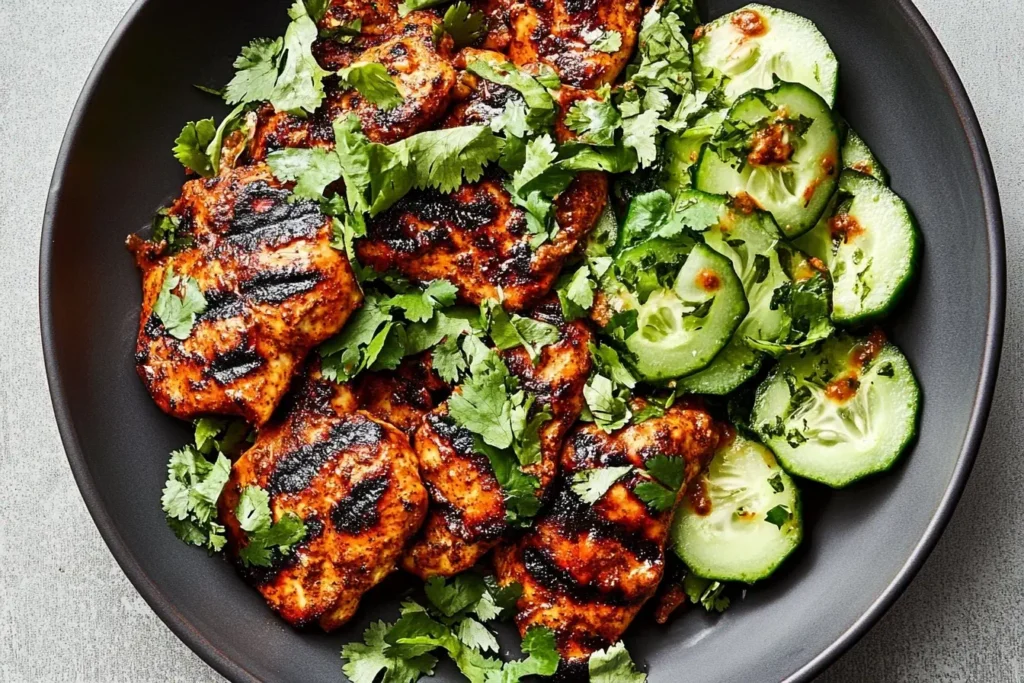 Grilled Curry Chicken with Smashed Cucumber Salad served in a dark bowl, garnished with fresh cilantro.