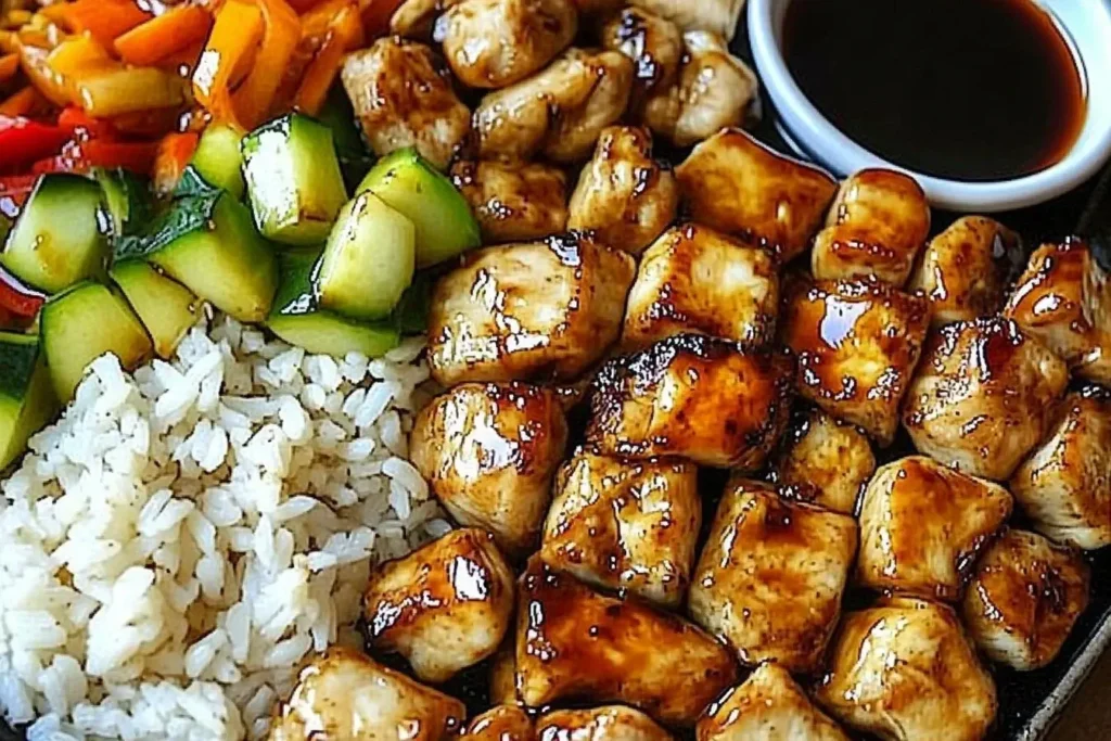 Blackstone Griddle Hibachi Chicken Feast with glazed chicken, sautéed vegetables, rice, and dipping sauce.