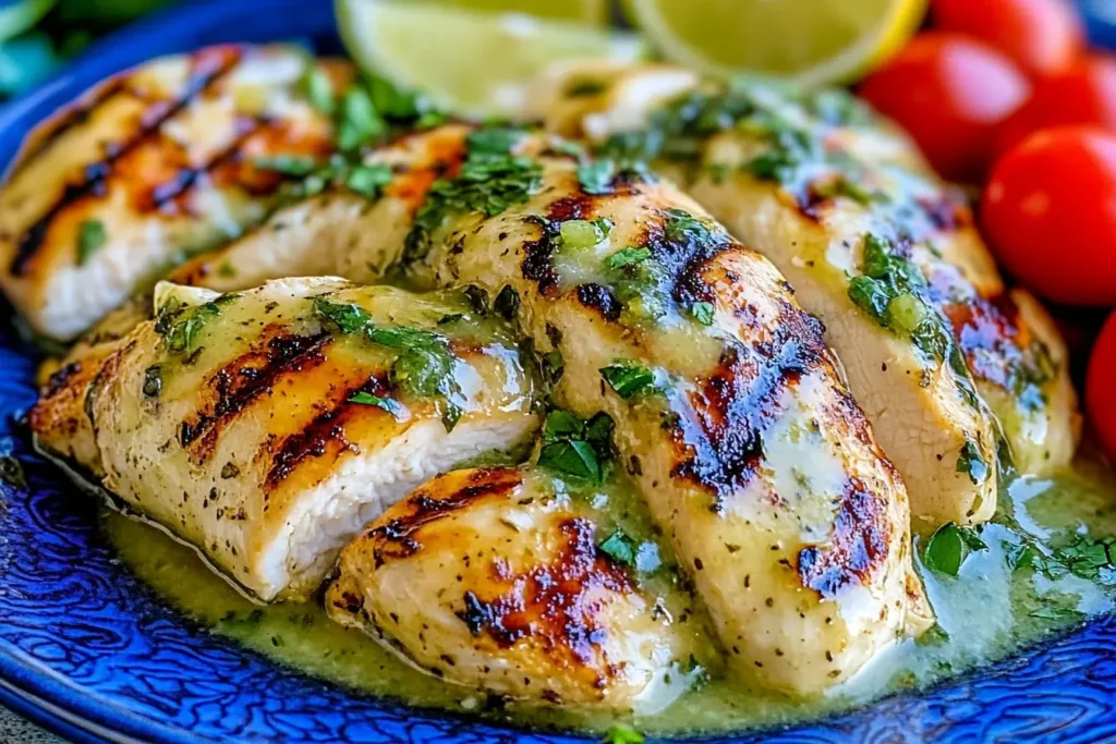 Grilled Salsa Verde Pepper Jack Chicken topped with melted cheese and fresh herbs on a blue plate