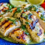 Grilled Salsa Verde Pepper Jack Chicken topped with melted cheese and fresh herbs on a blue plate