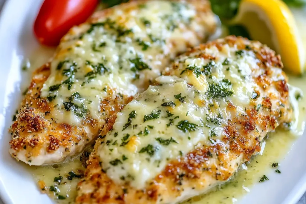 Crusted Chicken Romano topped with melted mozzarella and parsley, served with lemon wedges and tomatoes.