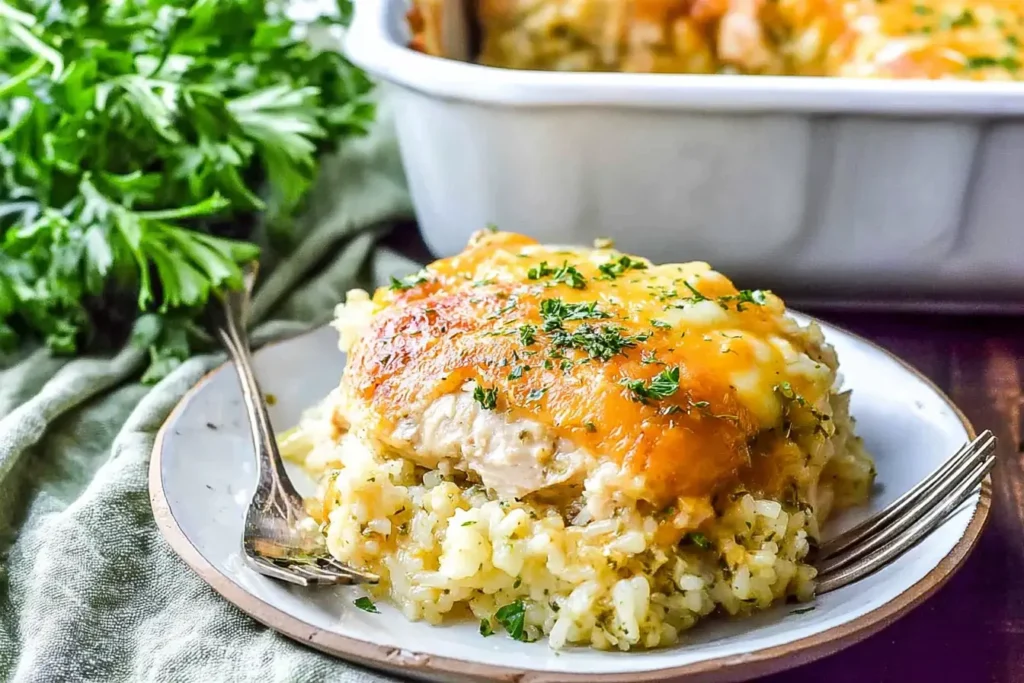 A serving of cheesy One-Pan Chicken and Rice Bake on a plate, topped with melted cheddar and fresh parsley.