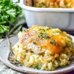 A serving of cheesy One-Pan Chicken and Rice Bake on a plate, topped with melted cheddar and fresh parsley.