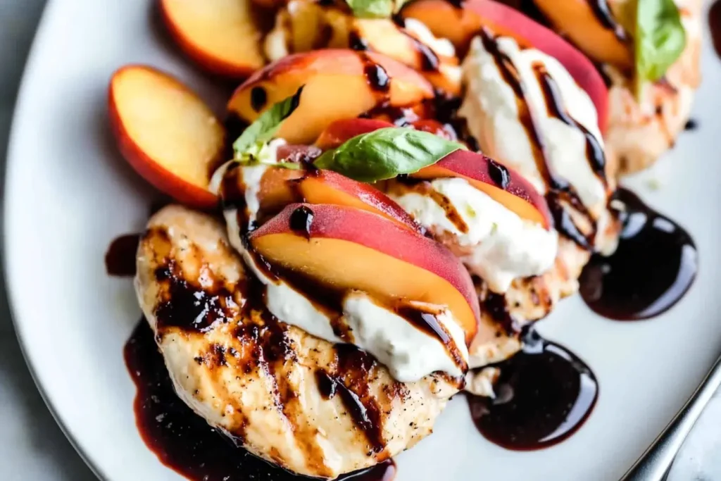 Grilled Peach Caprese Grilled Chicken topped with fresh mozzarella, basil, and balsamic glaze on a white plate.