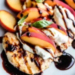 Grilled Peach Caprese Grilled Chicken topped with fresh mozzarella, basil, and balsamic glaze on a white plate.