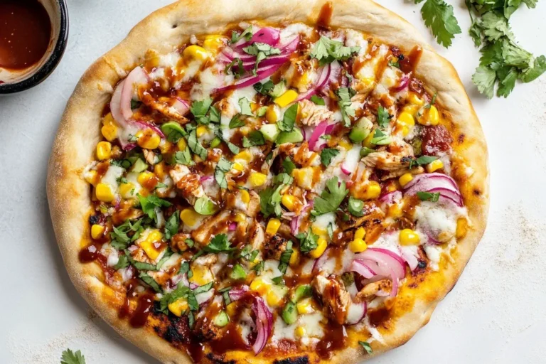 Grilled Summer BBQ Chicken Pizza topped with corn, red onions, cilantro, and drizzled with BBQ sauce on a golden crust.