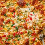 Creamy Baked Fajita Chicken Casserole topped with melted cheese, colorful bell peppers, and fresh herbs in a baking dish.