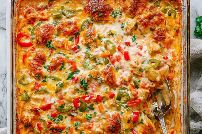 Creamy Baked Fajita Chicken Casserole topped with melted cheese, colorful bell peppers, and fresh herbs in a baking dish.