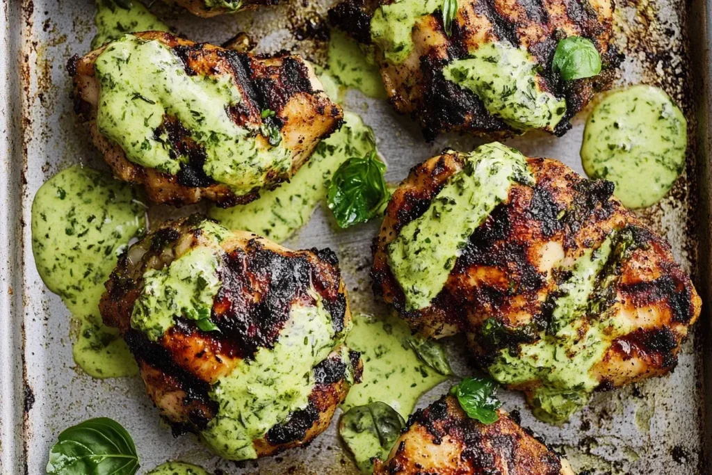 Grilled boneless chicken thighs topped with green goddess sauce, charred to perfection on a baking sheet.