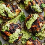 Grilled boneless chicken thighs topped with green goddess sauce, charred to perfection on a baking sheet.