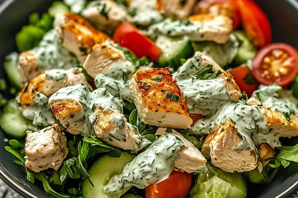 Grilled chicken topped with creamy tzatziki sauce served over fresh greens and tomatoes in a Mediterranean Tzatziki Chicken Salad.