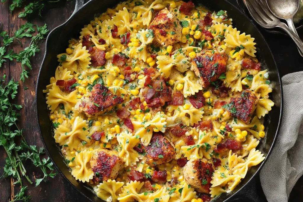Creamy Chicken and Corn Pasta with bow-tie pasta, golden chicken, bacon, and sweet corn in a creamy sauce, served in a skillet.