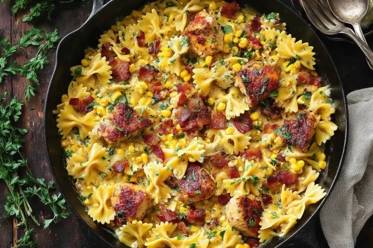 Creamy Chicken and Corn Pasta with bow-tie pasta, golden chicken, bacon, and sweet corn in a creamy sauce, served in a skillet.