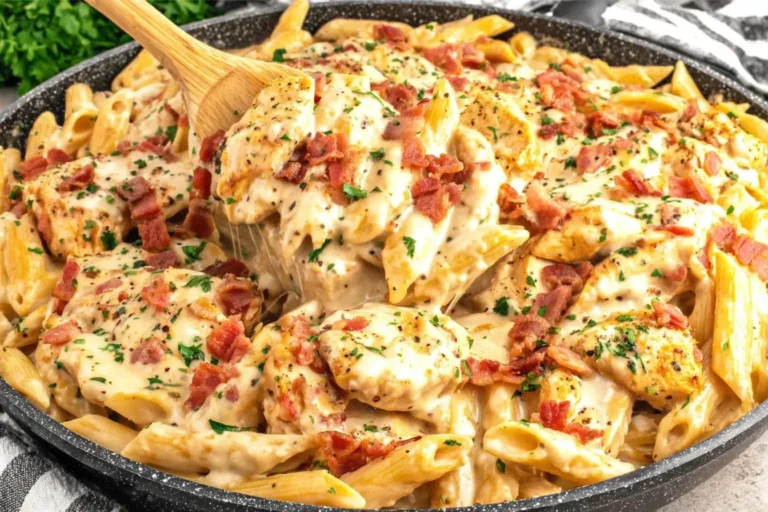 Hot skillet of Crack Chicken Penne with melty cheese and bacon being served with a wooden spoon