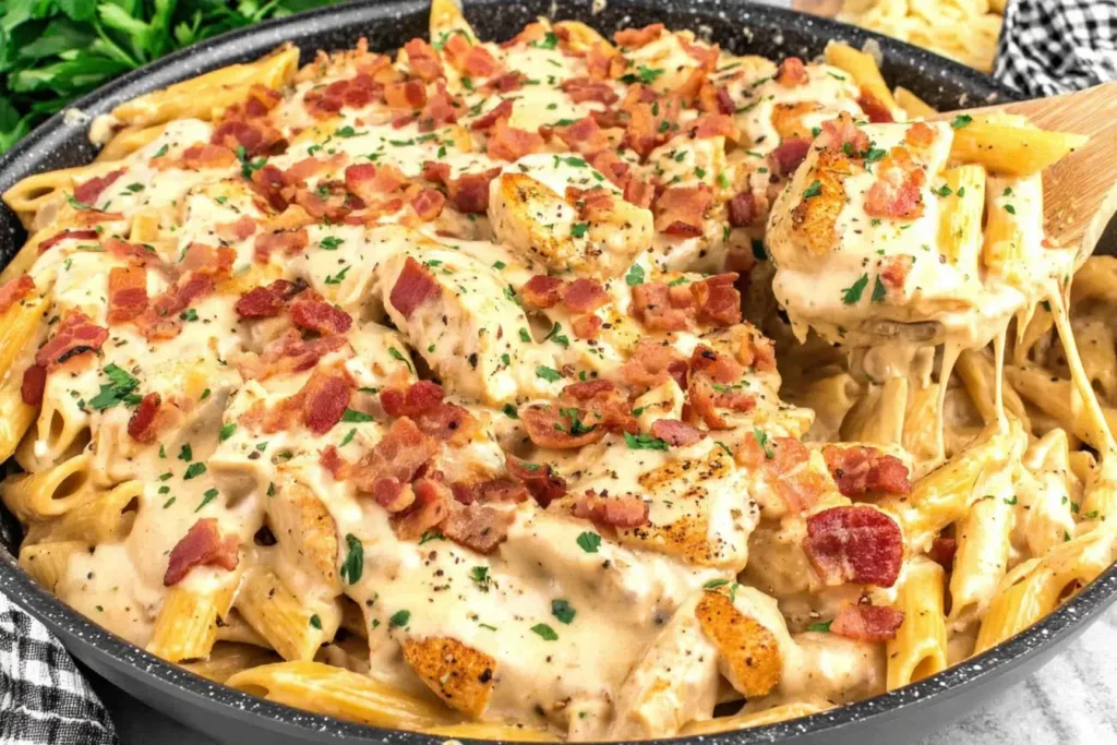 Creamy Crack Chicken Penne with bacon and parsley in a skillet
