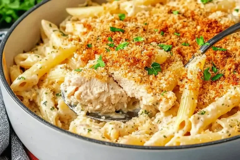 Spoonful of creamy Chicken Kiev Pasta with crispy breadcrumbs and fresh parsley in a white skillet.