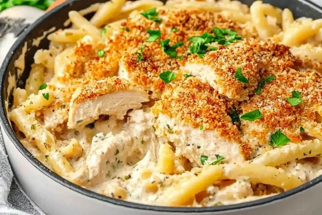 Close-up of creamy Chicken Kiev Pasta topped with crispy golden breadcrumbs and fresh parsley.