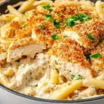 Close-up of creamy Chicken Kiev Pasta topped with crispy golden breadcrumbs and fresh parsley.