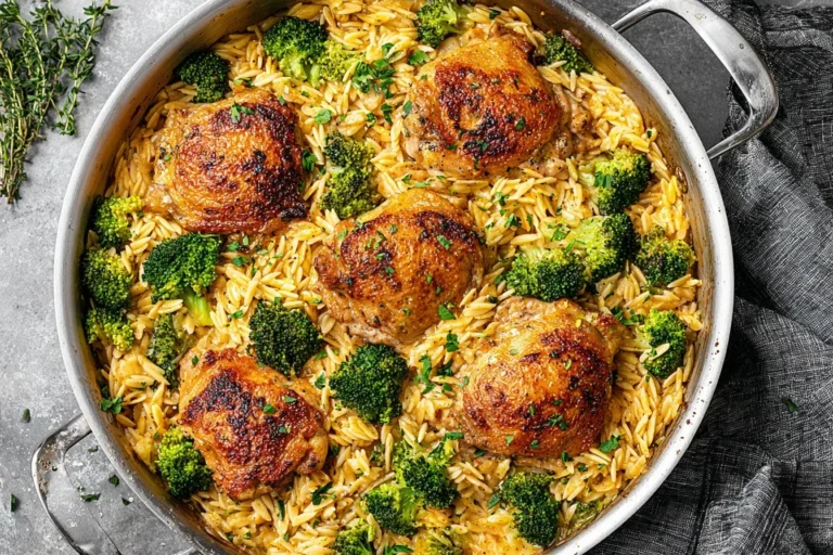 Chicken Thighs with Broccoli Cheddar Orzo in a skillet, featuring crispy chicken thighs, vibrant broccoli, and creamy orzo pasta.