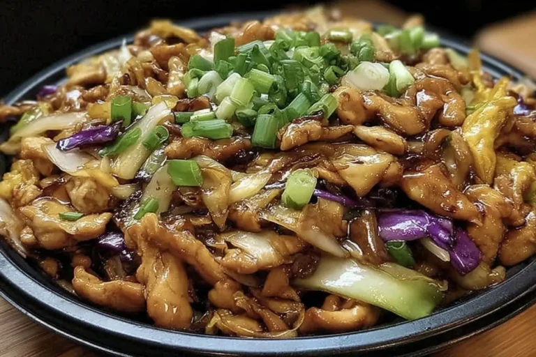 Moo Shu Chicken Recipe with tender chicken, colorful cabbage, and savory sauce, garnished with fresh green onions in a black serving dish.