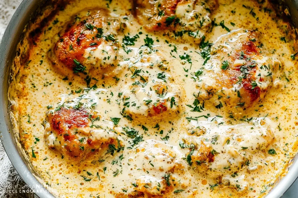 Creamy Oven Baked Chicken Thighs simmering in a garlic parmesan sauce with fresh herbs