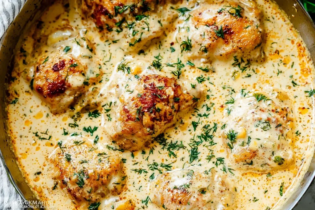 Creamy Oven Baked Chicken Thighs with golden crust in a rich garlic herb sauce