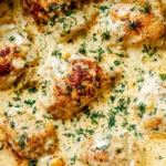 Creamy Oven Baked Chicken Thighs with golden crust in a rich garlic herb sauce