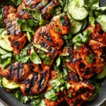 Charred and juicy Grilled Curry Chicken with Smashed Cucumber Salad, garnished with fresh herbs in a dark bowl.