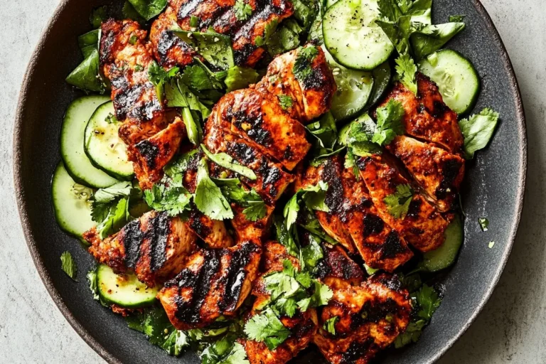 Charred and juicy Grilled Curry Chicken with Smashed Cucumber Salad, garnished with fresh herbs in a dark bowl.
