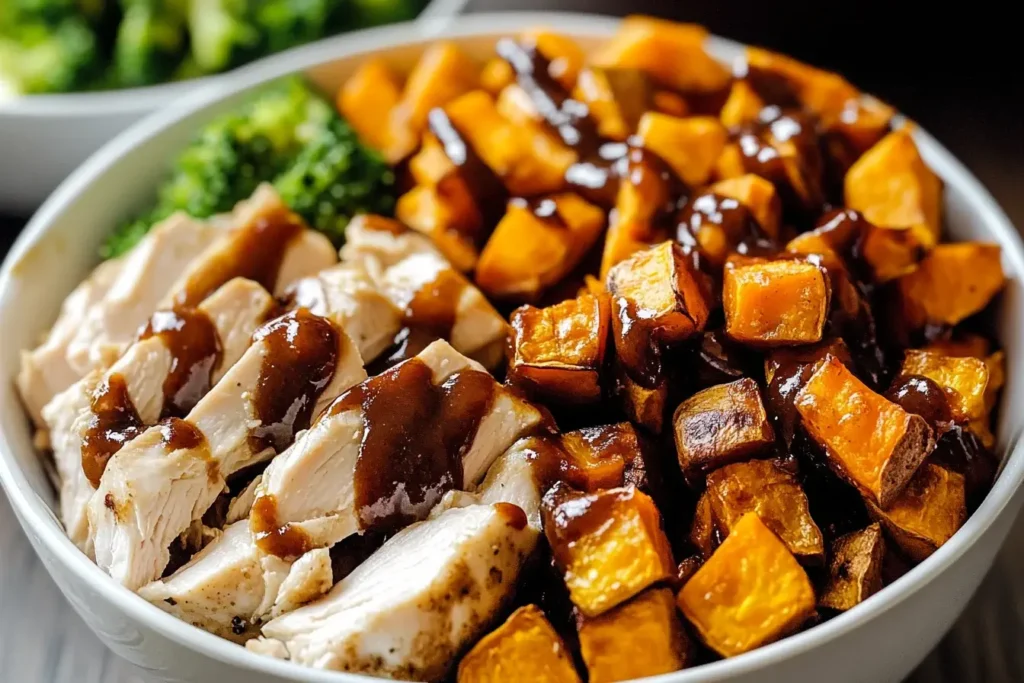 BBQ Chicken and Roasted Sweet Potato Bowls served with broccoli in a white bowl, drizzled with rich barbecue sauce.