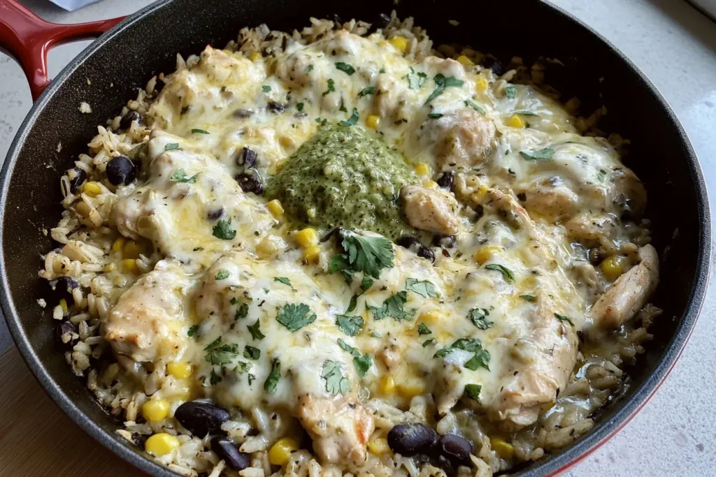 Salsa Verde Chicken and Rice Skillet topped with melted cheese, black beans, corn, and fresh cilantro in a cast iron pan