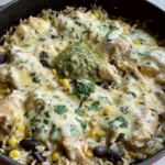 Salsa Verde Chicken and Rice Skillet topped with melted cheese, black beans, corn, and fresh cilantro in a cast iron pan