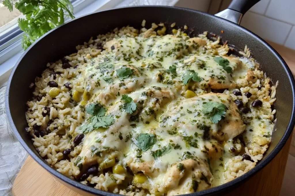 Salsa Verde Chicken and Rice Skillet with melted cheese, fresh cilantro, black beans, and corn in a non-stick pan by the window