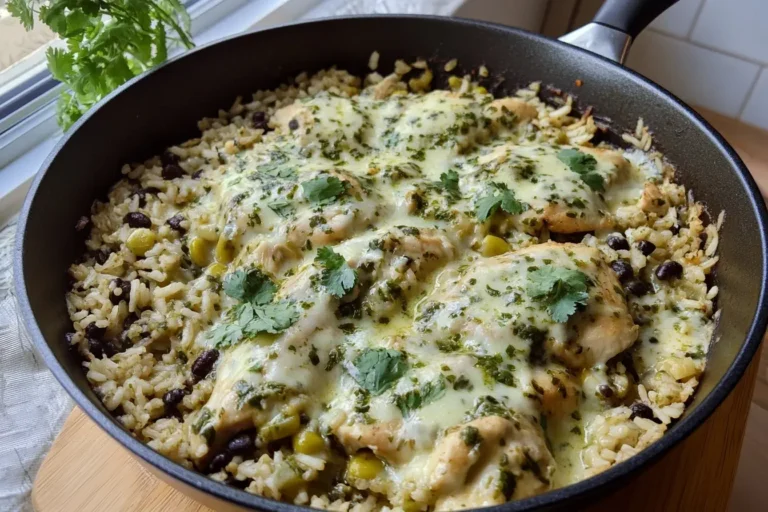 Salsa Verde Chicken and Rice Skillet with melted cheese, fresh cilantro, black beans, and corn in a non-stick pan by the window