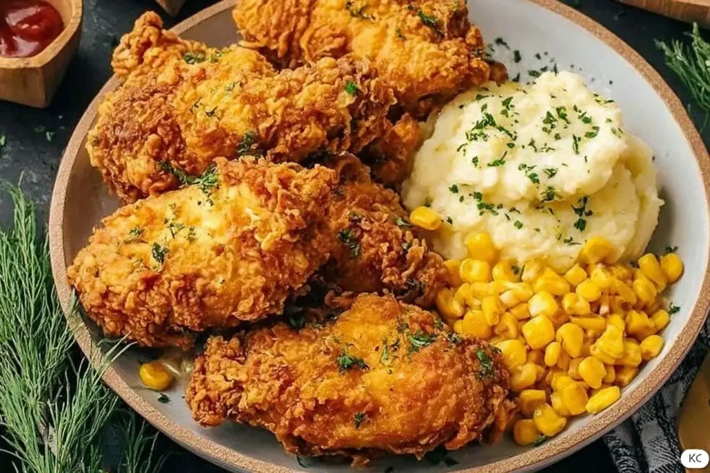 Crispy homemade Kentucky Fried Chicken served with mashed potatoes and corn on a dinner plate