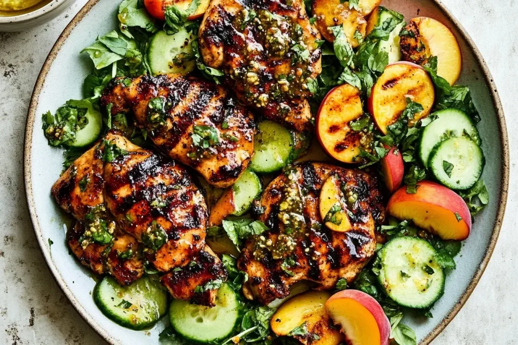 Grilled Honey Mustard Chicken with Peach Salad featuring juicy chicken breasts, fresh cucumbers, and sliced peaches on a rustic plate.