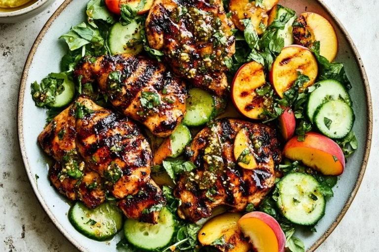 Grilled Honey Mustard Chicken with Peach Salad featuring juicy chicken breasts, fresh cucumbers, and sliced peaches on a rustic plate.